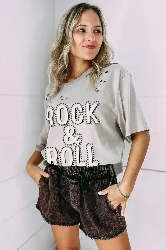 Side view of Grey Rock Roll Graphic Distressed Vintage Tee showing distressed finish and short sleeve — Fashionfitz