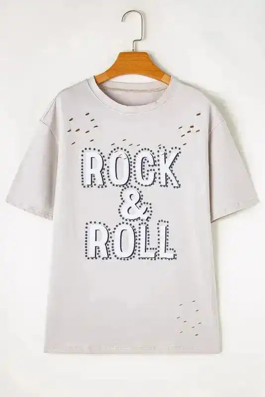 Close-up of Grey Rock Roll Graphic Distressed Vintage Tee showing bold rock graphic and distressed fabric detail — Fashionfitz