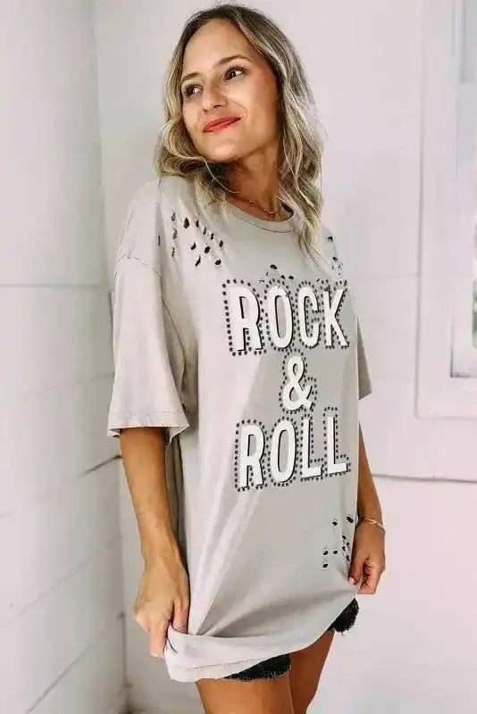 Back view of Grey Rock Roll Graphic Distressed Vintage Tee showing relaxed fit and worn-in character — Fashionfitz