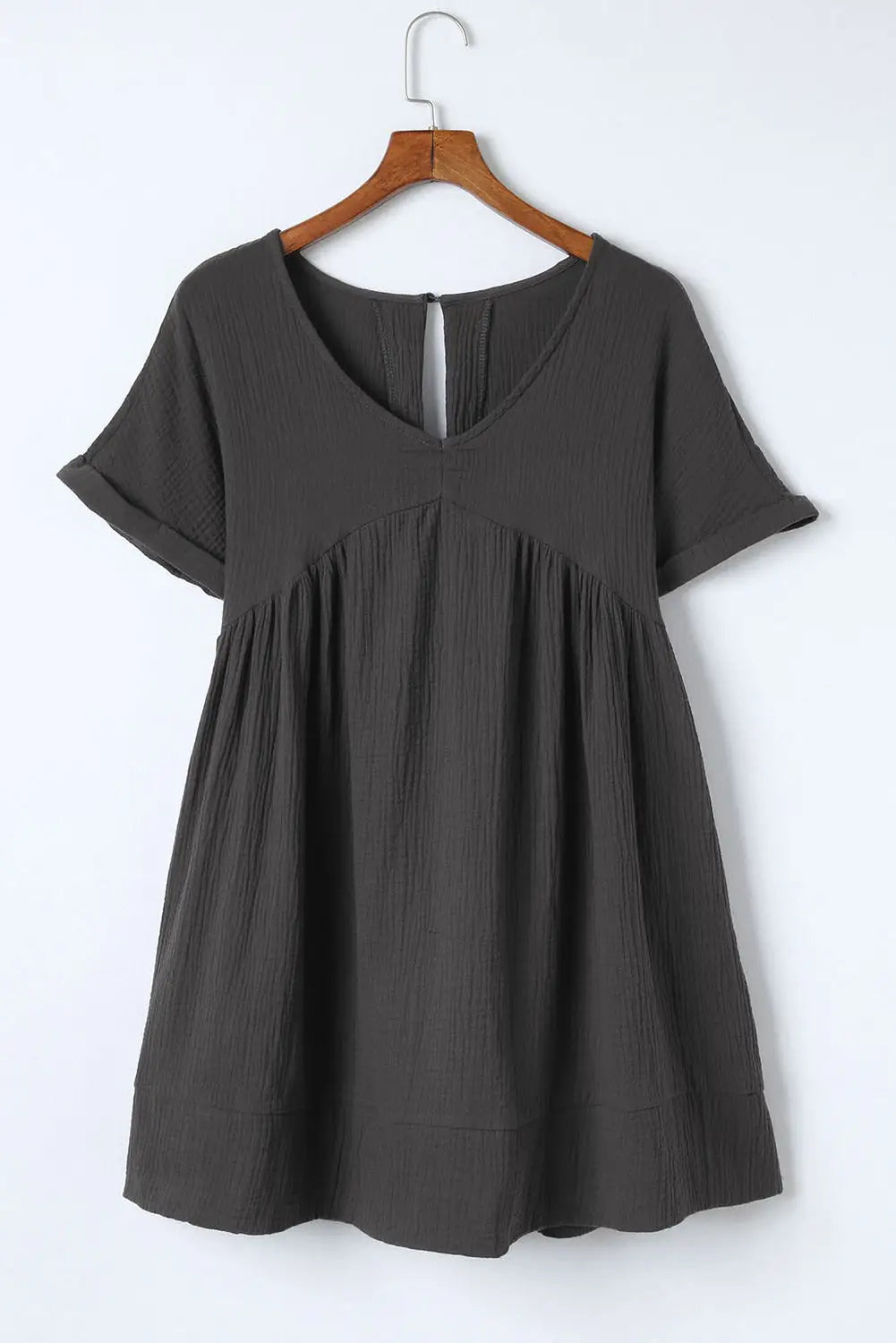 Gray roll up short sleeve v neck babydoll mini dress - dresses