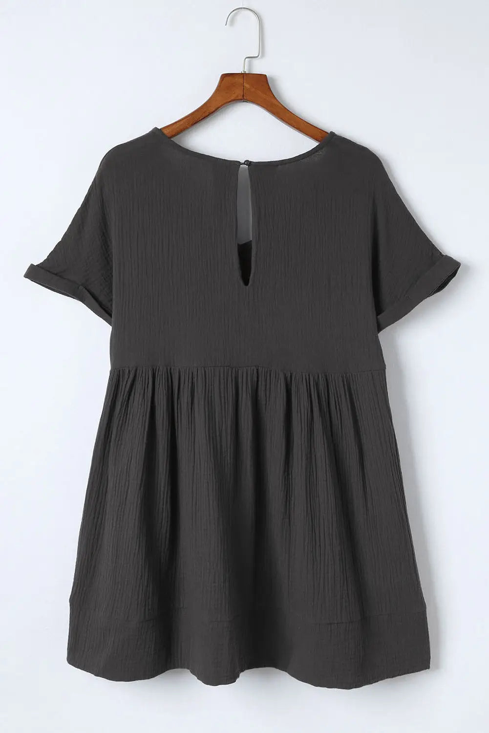 Gray roll up short sleeve v neck babydoll mini dress - dresses