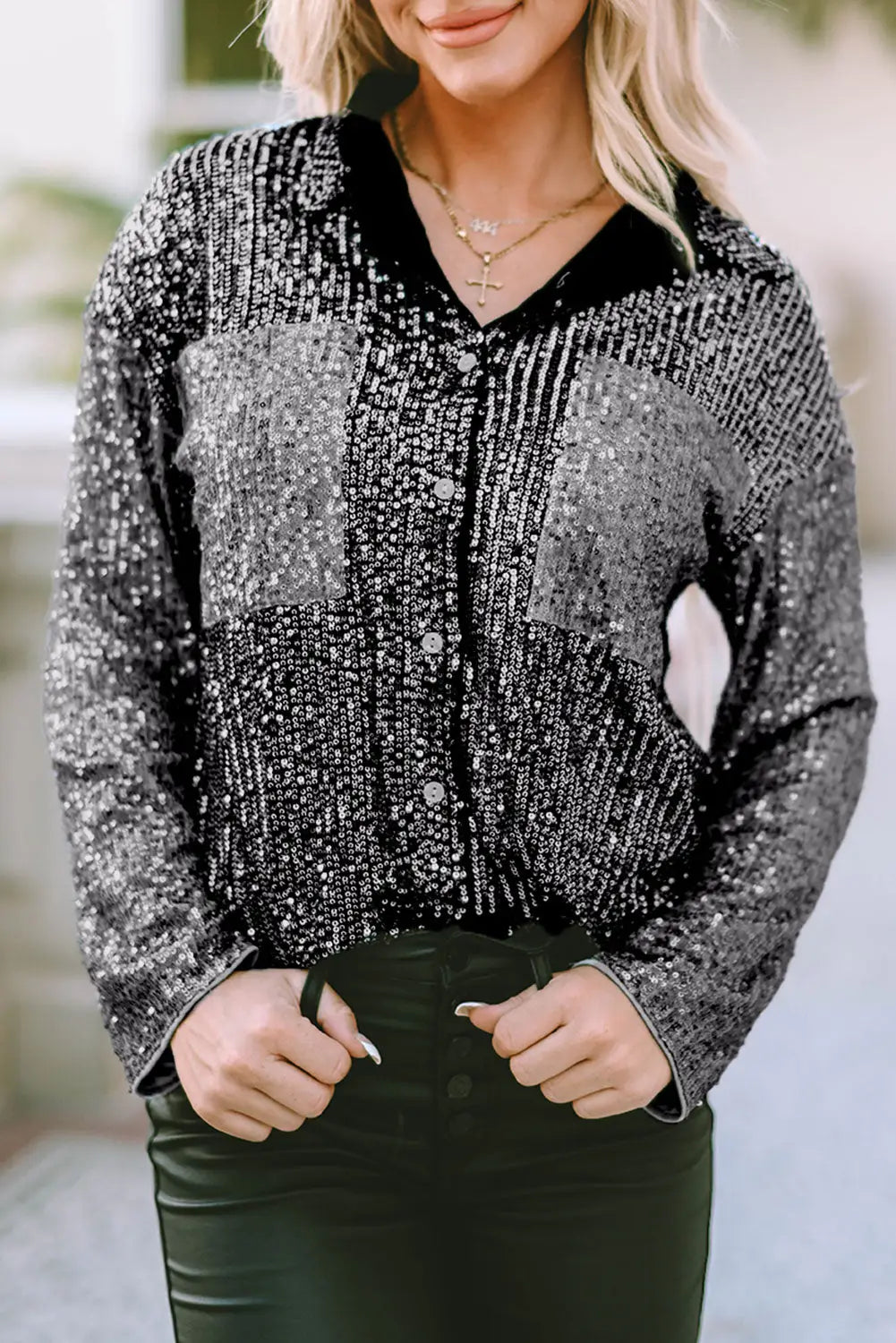 Gray sequin color block patch pocket shirt - tops