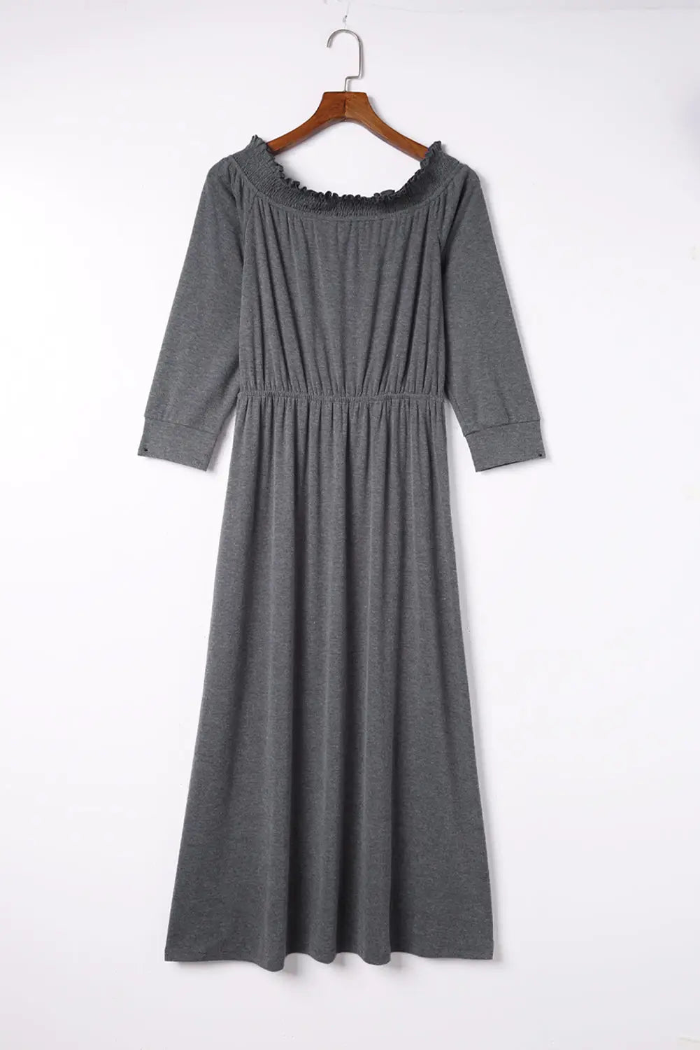 Gray shirred off shoulder maxi dress with split - dresses