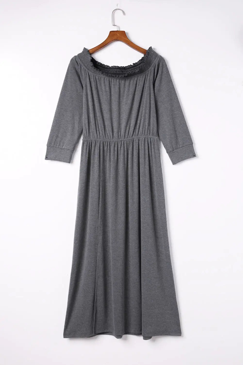 Gray shirred off shoulder maxi dress with split - dresses