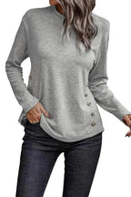 Gray Side Buttons Crew Neck Knit Top - Fashionfitz