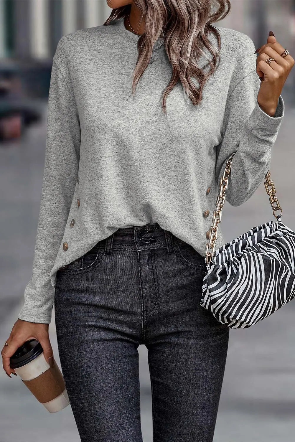 Gray side buttons crew neck knit top - long sleeve tops