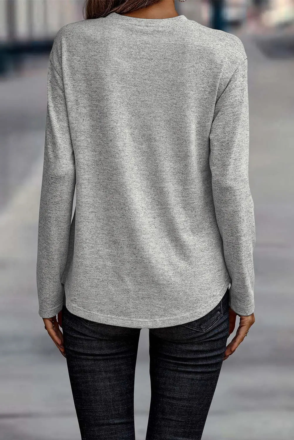 Gray side buttons crew neck knit top - long sleeve tops