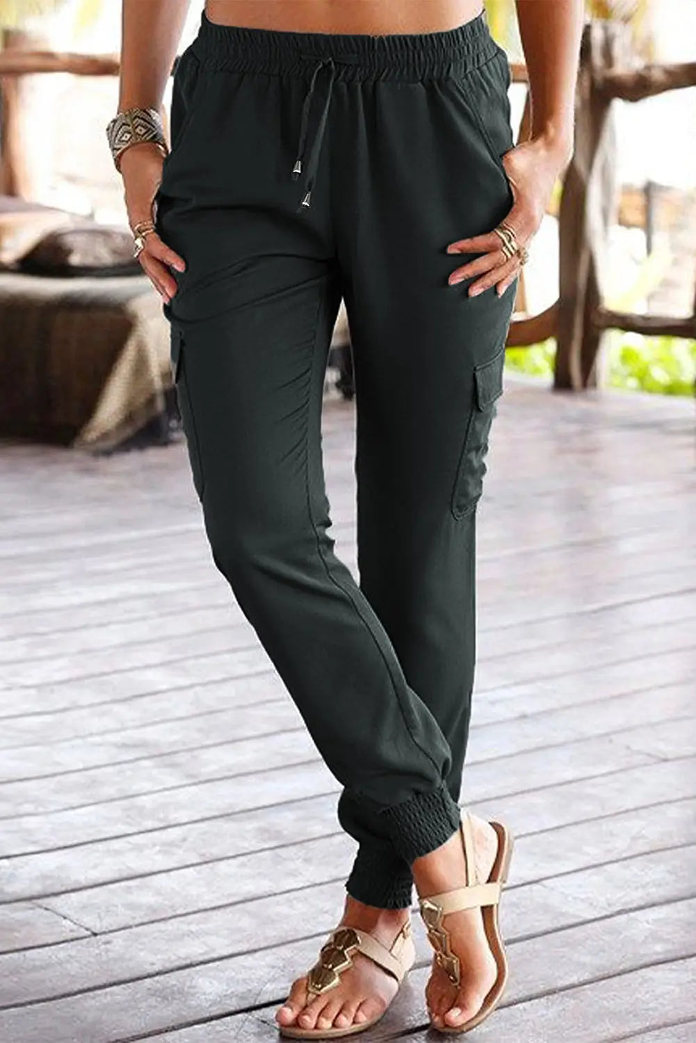 Gray side pockets slim fit drawstring high waist joggers - s / 90% polyamide + 10% elastane