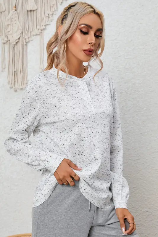 Gray slouchy heather rib knit long sleeve henley top - tops