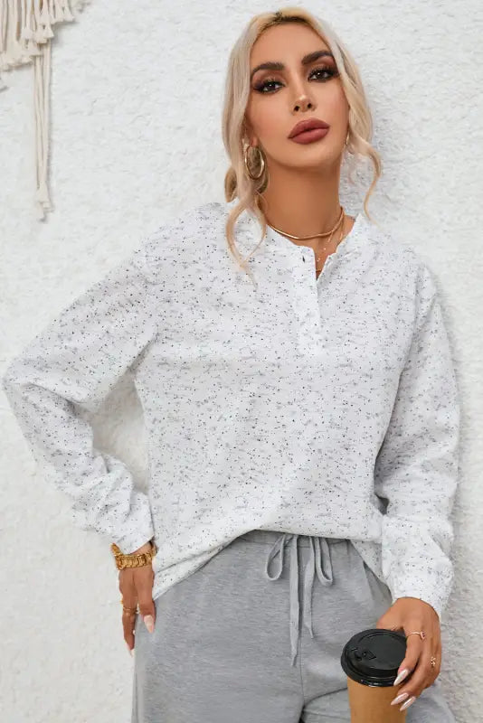 Gray slouchy heather rib knit long sleeve henley top - tops