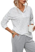 Gray Slouchy Heather Rib Knit Long Sleeve Henley Top - Fashionfitz