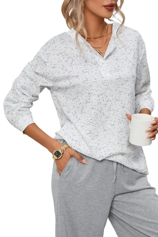 Gray slouchy heather rib knit long sleeve henley top - tops