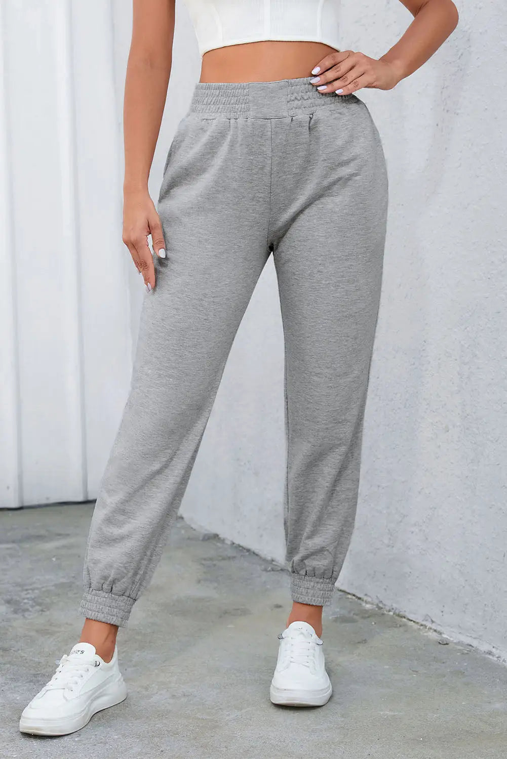 Gray smocked high waist jogger pants - s / 85% polyester + 10% cotton + 5% elastane - joggers