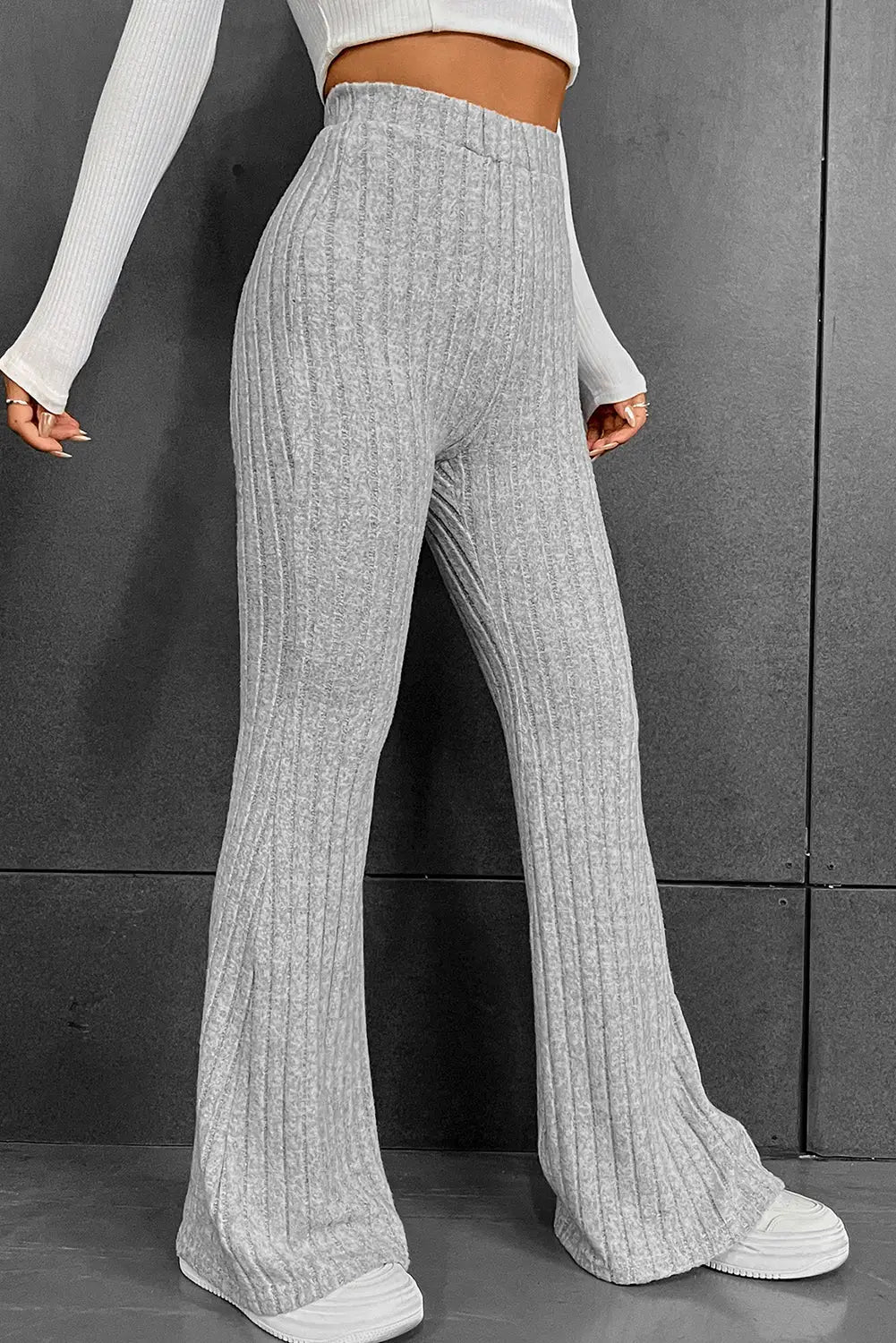 Gray solid color high waist ribbed flare pants - wide leg