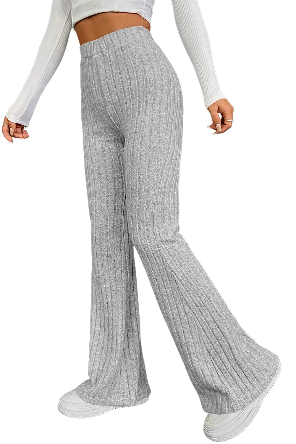 Gray solid color high waist ribbed flare pants - wide leg
