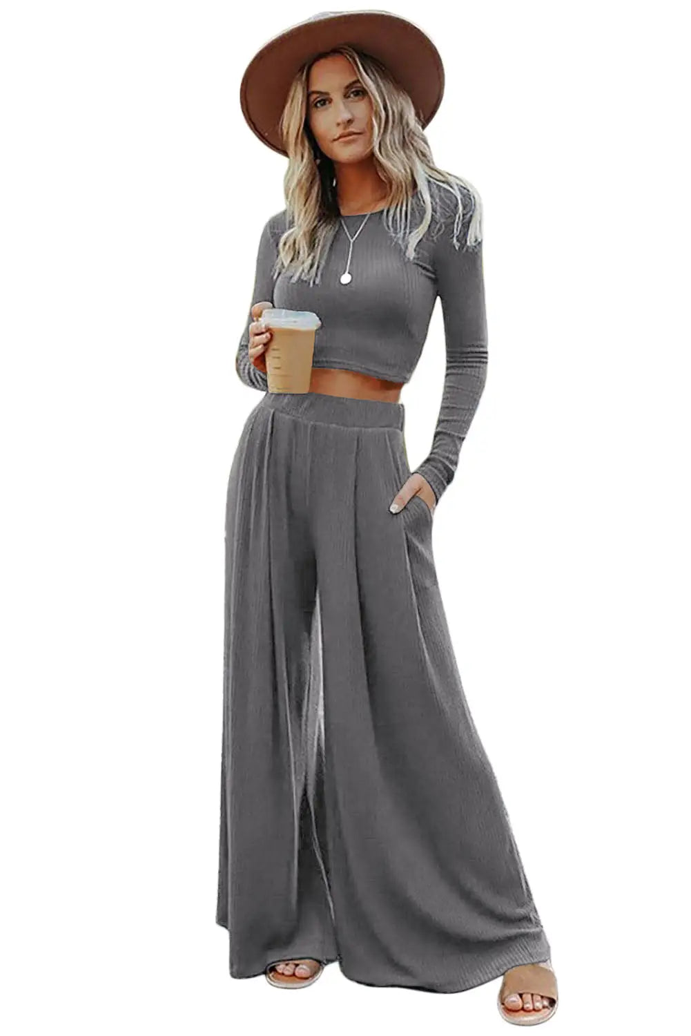Gray solid color ribbed crop top long pants set - loungewear