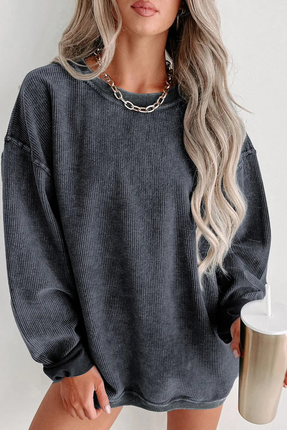 Gray solid ribbed knit round neck pullover sweatshirt - s / 100% polyester - tops
