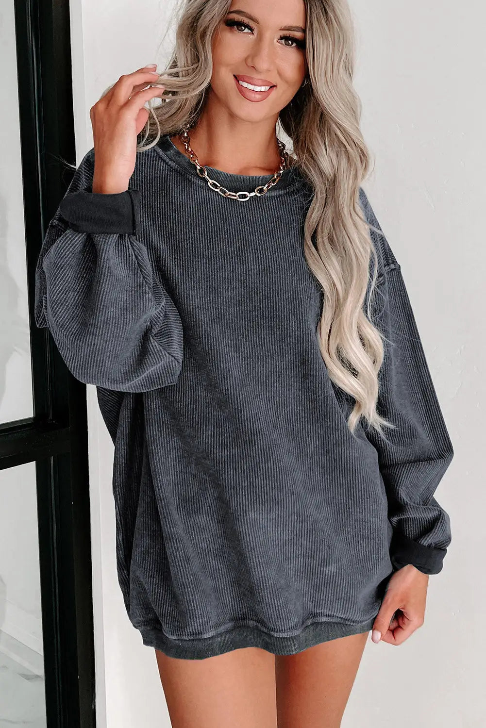 Gray solid ribbed knit round neck pullover sweatshirt - tops