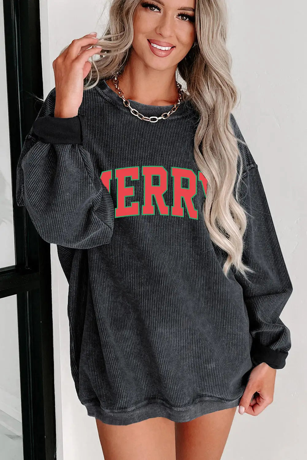 Gray solid ribbed knit round neck pullover sweatshirt - tops