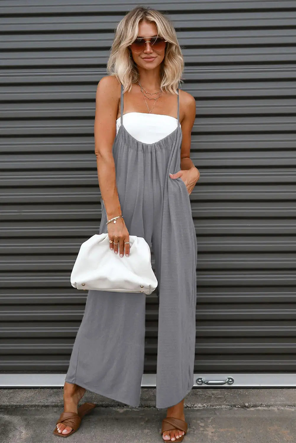 Gray solid spaghetti strap wide leg overall - jumpsuits & rompers