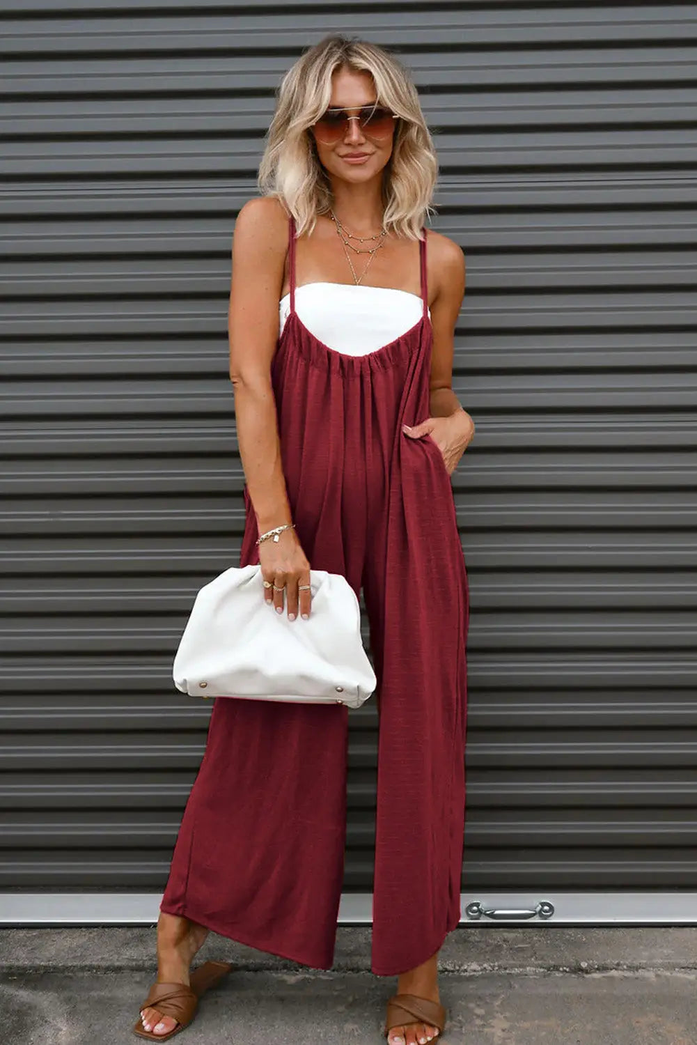 Gray solid spaghetti strap wide leg overall - jumpsuits & rompers