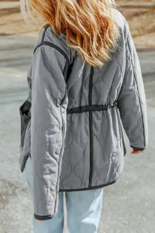 Gray Stitching Quilted Drawstring Jacket - Fashionfitz