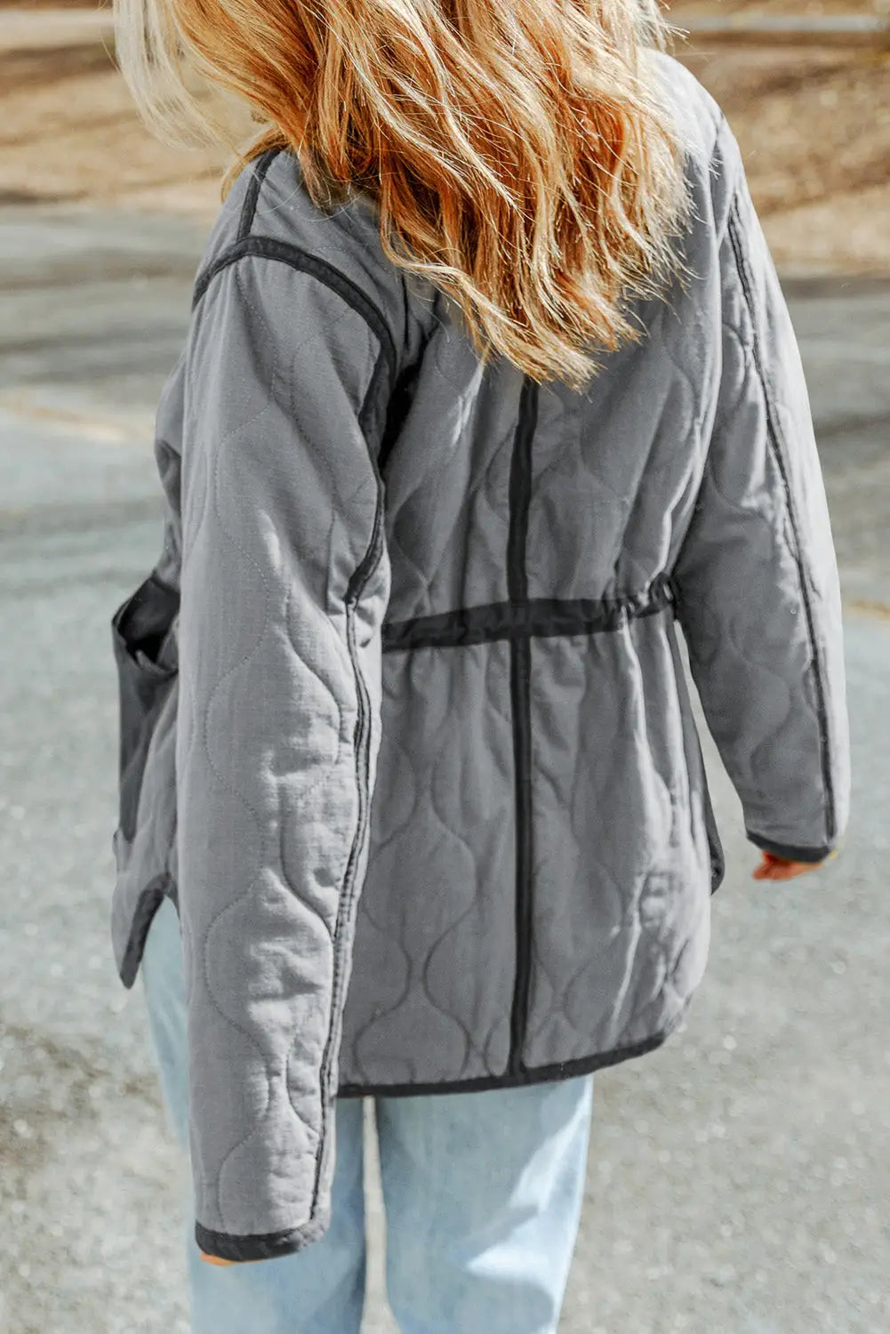 Gray stitching quilted drawstring jacket - jackets