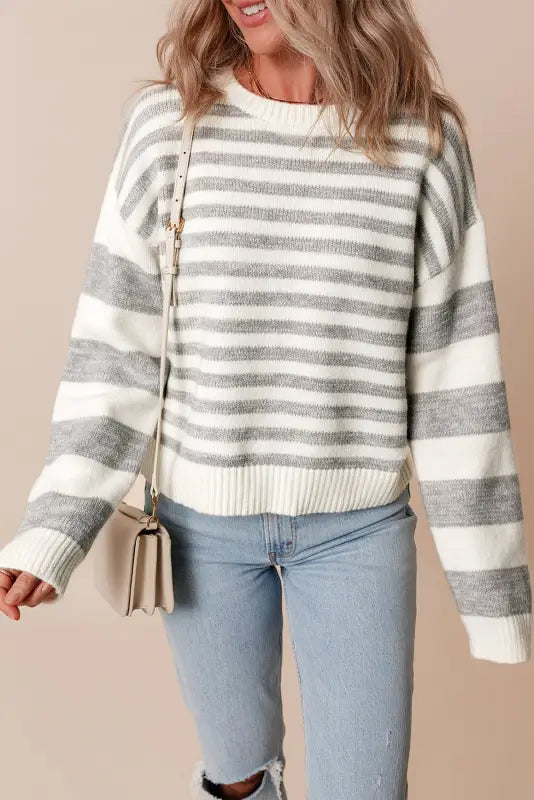 Cozy gray stripe crewneck sweater | casual & comfortable