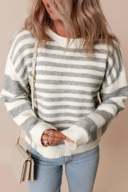 Cozy gray stripe crewneck sweater | casual & comfortable