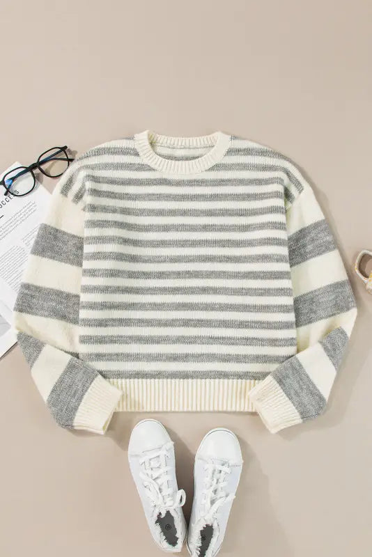 Cozy gray stripe crewneck sweater | casual & comfortable