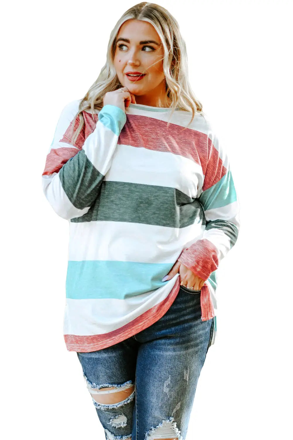 Gray stripe plus size colorblock pullover top