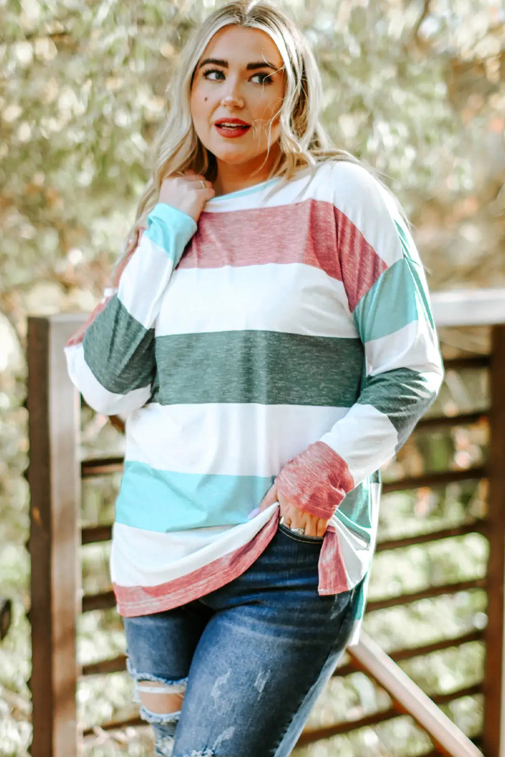 Gray stripe plus size colorblock pullover top - green / 1x / 95% polyester + 5% elastane