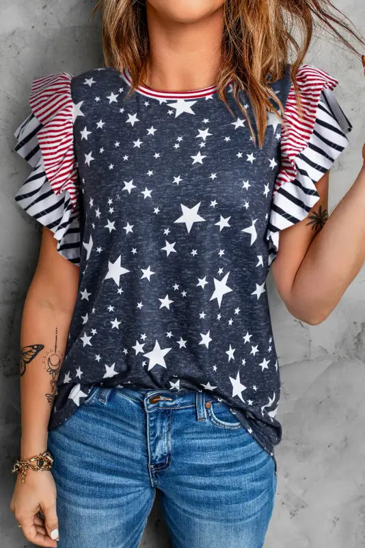 Gray striped ruffled sleeve star print t shirt