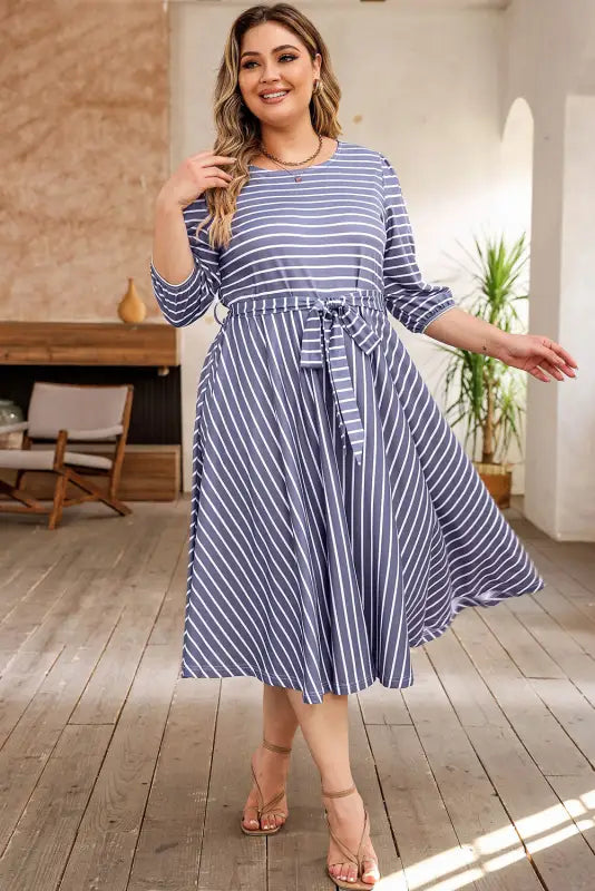 Gray striped tie waist plus size dress