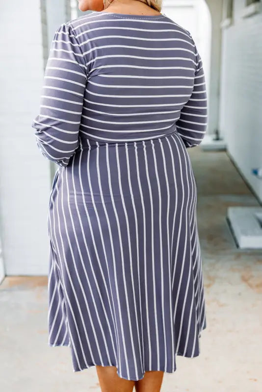 Gray striped tie waist plus size dress