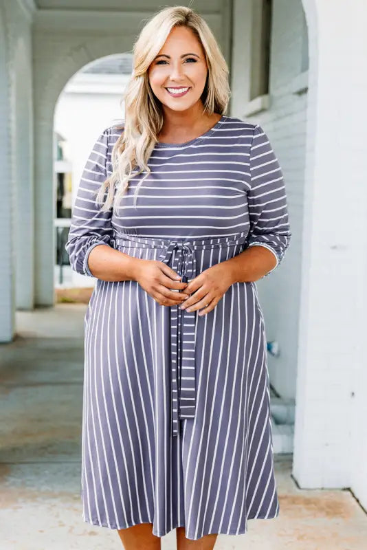 Gray striped tie waist plus size dress