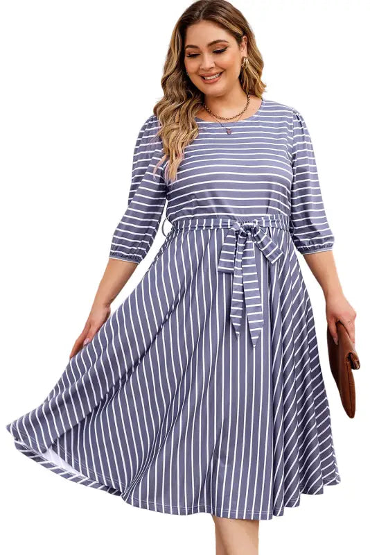 Gray striped tie waist plus size dress