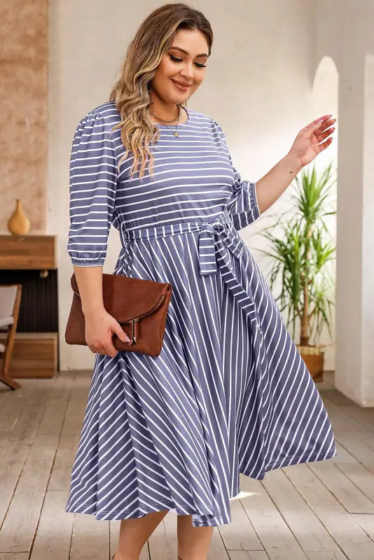 Gray striped tie waist plus size dress