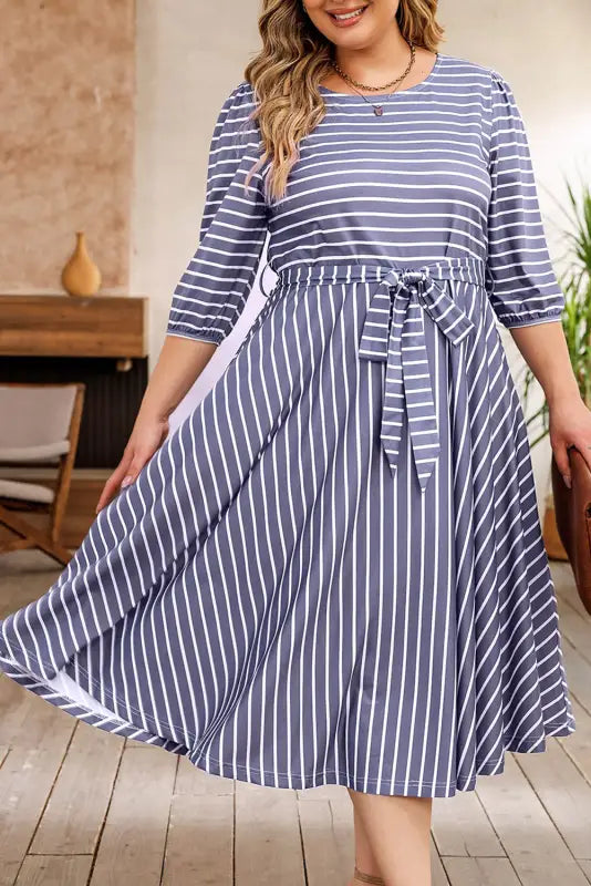 Gray striped tie waist plus size dress