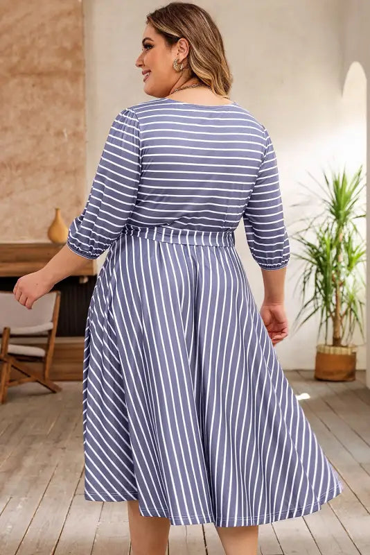 Gray striped tie waist plus size dress