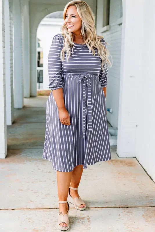 Gray striped tie waist plus size dress