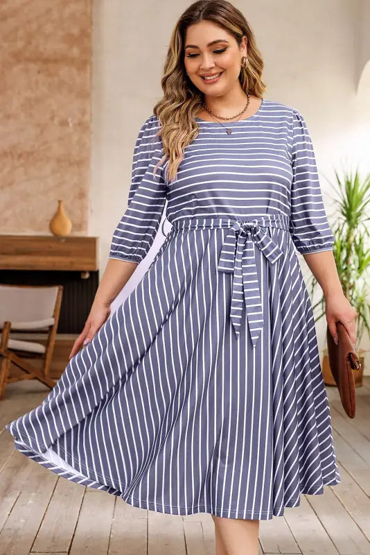 Gray striped tie waist plus size dress - 1x / 95% polyester + 5% elastane