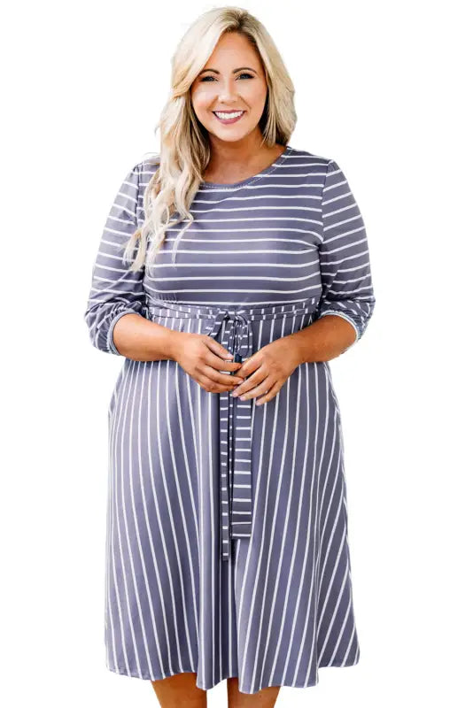 Gray striped tie waist plus size dress