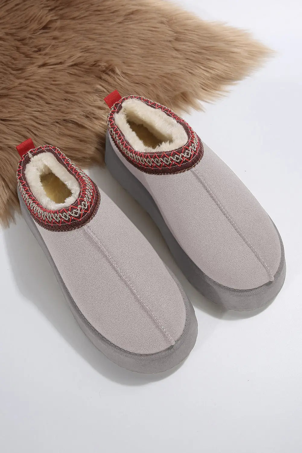 Gray suede contrast print plush lined snow boots