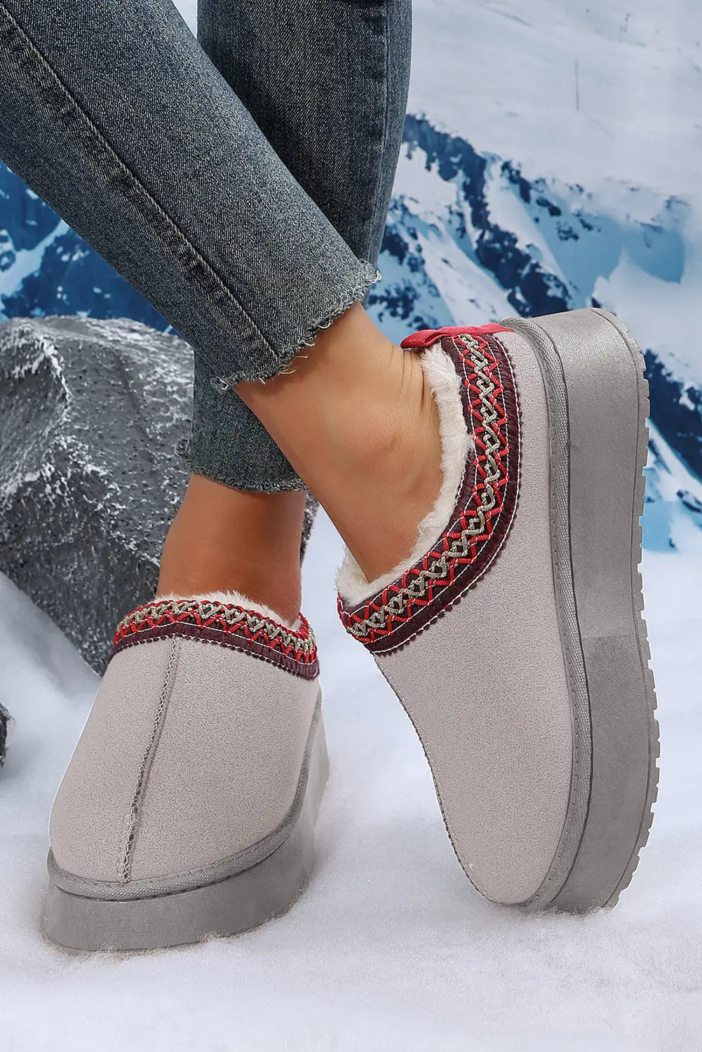 Gray suede contrast print plush lined snow boots - shoes &