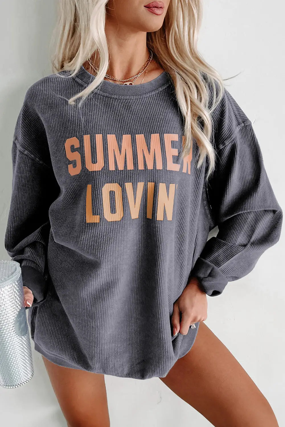 Gray summer lovin graphic textured pullover sweatshirt - s / 100% polyester - sweatshirts & hoodies