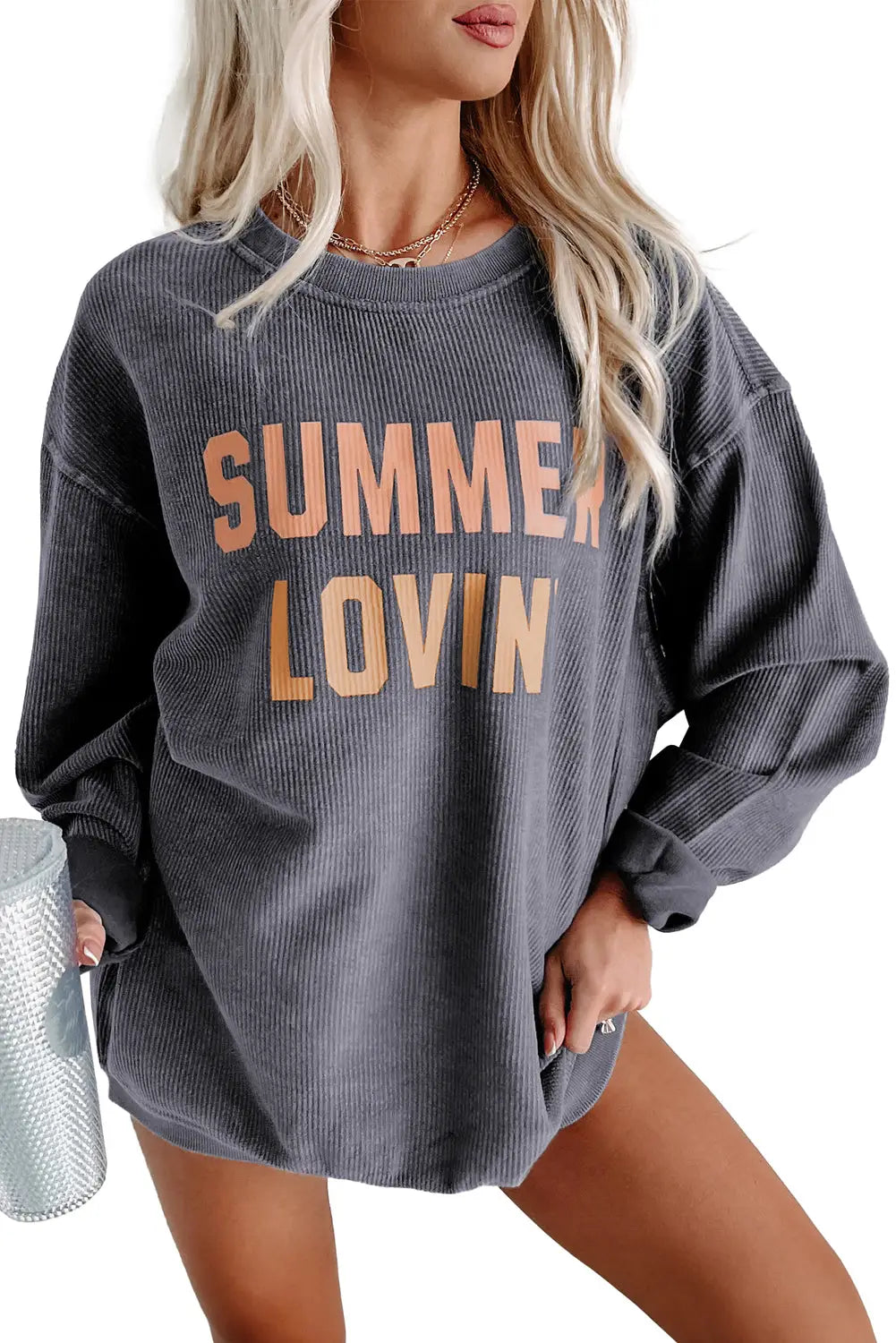 Gray summer lovin graphic textured pullover sweatshirt - sweatshirts & hoodies