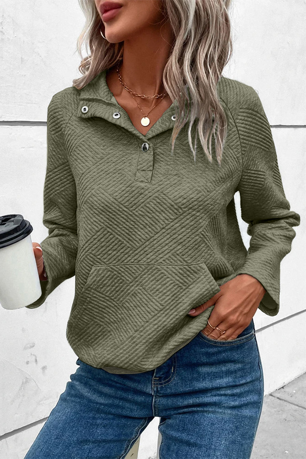Gray textured contrast splicing raglan sleeve top - laurel green / l 97% polyester + 3% elastane long tops