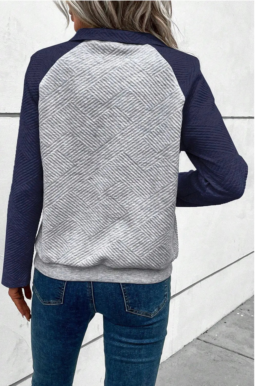 Gray textured contrast splicing raglan sleeve top - long tops
