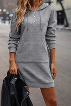 Gray Textured Kangaroo Pocket Drawstring Hooded Mini Dress - Fashionfitz